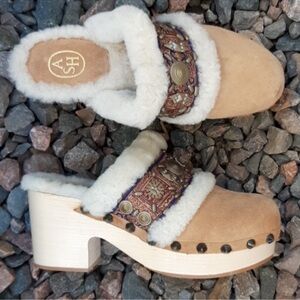 EUC - ASH Sherpa Lined Tan Suede & Wooden Clogs - size 36